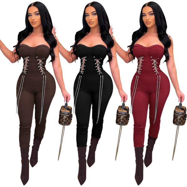 Women's sexy bra side corn-eye metal chain waist up jumpsuit