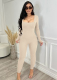Solid color square neck back deep V long sleeve yoga fitness jumpsuit