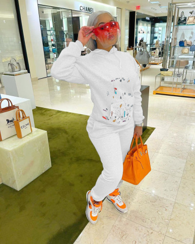 Graffiti plush suit trend fashion unisex hooded trousers suit