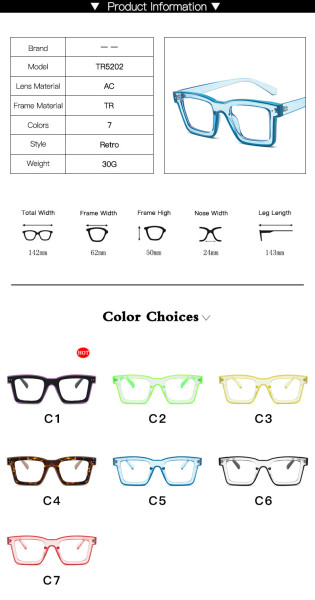 Fluorescent contrast color trend eyeglass frame fashionable simple square flat lens new TR anti-blue glasses in Europe and America