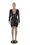 Fashion sexy deep V long-sleeved drawstring buttocks nightclub tight-fitting dress