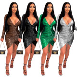 Fashion sexy deep V long-sleeved drawstring buttocks nightclub tight-fitting dress