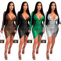 Fashion sexy deep V long-sleeved drawstring buttocks nightclub tight-fitting dress