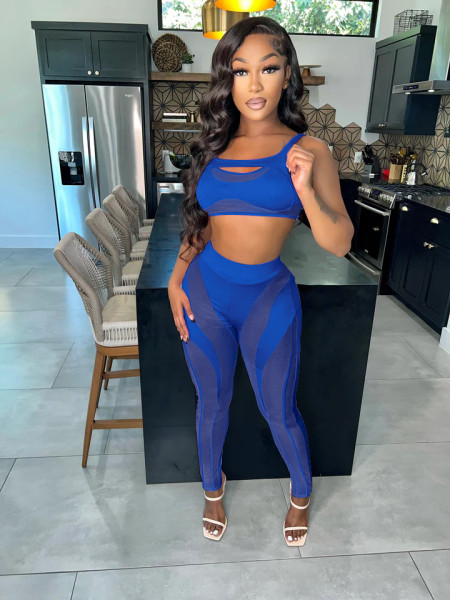 Mesh Irregular Splice Solid Color Sexy Low Chest High Waist Casual two-piece Set