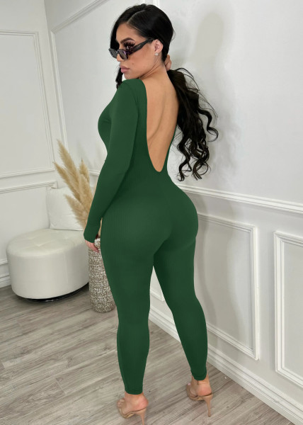 Solid color square neck back deep V long sleeve yoga fitness jumpsuit