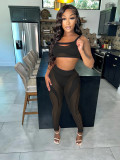 Mesh Irregular Splice Solid Color Sexy Low Chest High Waist Casual two-piece Set