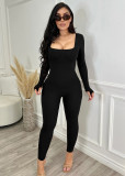 Solid color square neck back deep V long sleeve yoga fitness jumpsuit