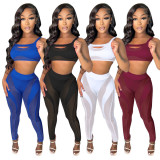 Mesh Irregular Splice Solid Color Sexy Low Chest High Waist Casual two-piece Set