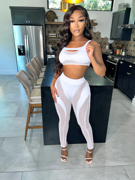 Mesh Irregular Splice Solid Color Sexy Low Chest High Waist Casual two-piece Set