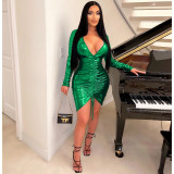 Fashion sexy deep V long-sleeved drawstring buttocks nightclub tight-fitting dress