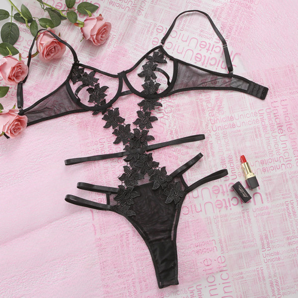 Sexy seductive women's hollow-out perspective three-point sexy underwear