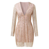 Sexy Deep V Perspective Gold Wrapped Hip Dress Long Sleeve Evening Dress