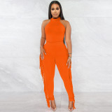 Fashion solid color casual tight-fitting fringed trousers two-piece set