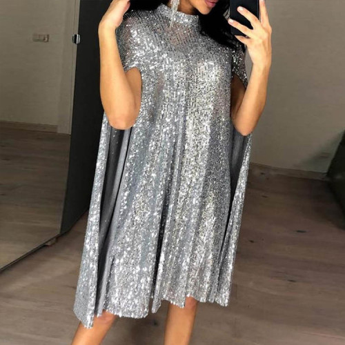 Small standing neck sequin dress loose women's dress