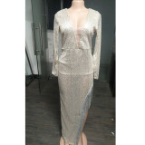 Dress skirt with tassel beads and waist deep v long sleeve side slit sexy asymmetric dress