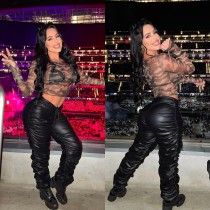 Casual pants Fashion pleated strapping slim leather pants