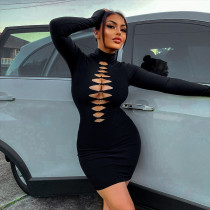 Solid casual hollowed-out burnt flower high neck long-sleeved short dress