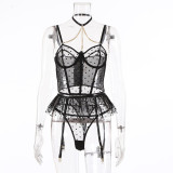 Lace, lace, breasted, hollowed-out underwear, sexy perspective, fun three-piece set