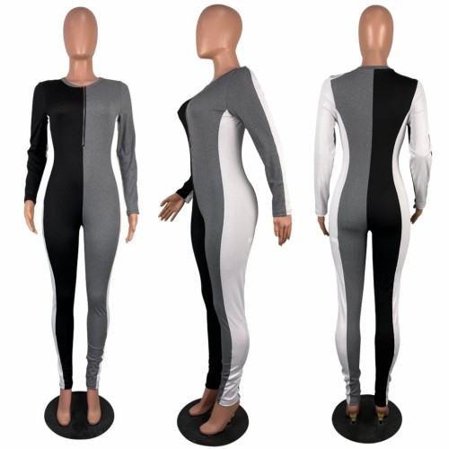 Fashion long-sleeve color contrast jumpsuit