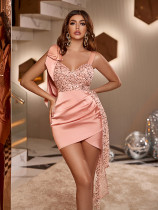 Sequin patchwork irregular sling dinner dress temperament sexy buttock dress