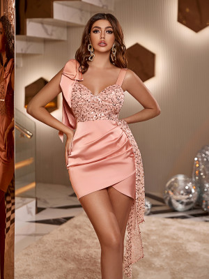Sequin patchwork irregular sling dinner dress temperament sexy buttock dress