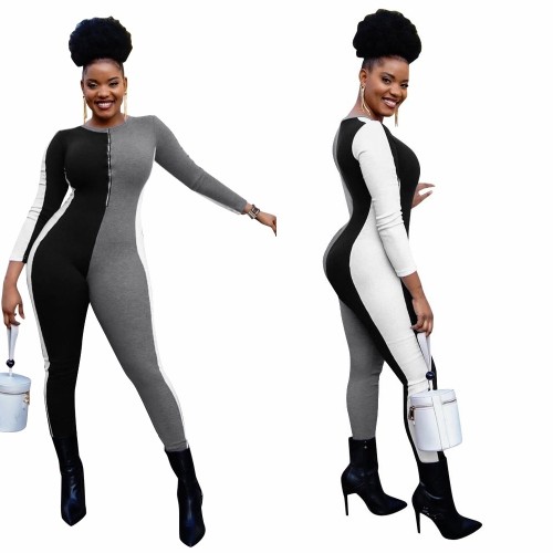 Fashion long-sleeve color contrast jumpsuit