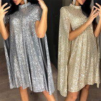 Small standing neck sequin dress loose women's dress