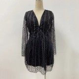 Sexy Deep V Perspective Gold Wrapped Hip Dress Long Sleeve Evening Dress