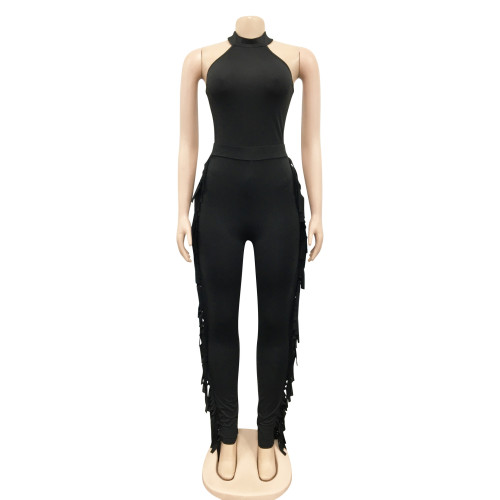 Fashion solid color casual tight-fitting fringed trousers two-piece set