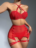 Funny waist mesh perspective lace binding sexy underwear three-piece set