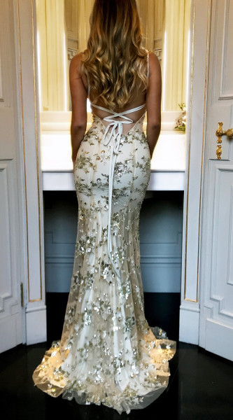 Dress suspender V-neck backless sequin lace up dress
