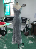 Dress suspender V-neck backless sequin lace up dress
