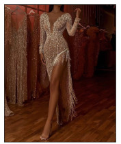 Dress skirt with tassel beads and waist deep v long sleeve side slit sexy asymmetric dress Dress skirt with tassel beads and waist deep v long sleeve side slit sexy asymmetric dress