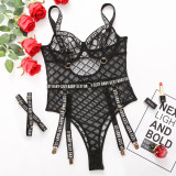 Perspective mesh sexy fashion printed letters metal chain high waist bodysuit