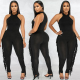 Fashion solid color casual tight-fitting fringed trousers two-piece set