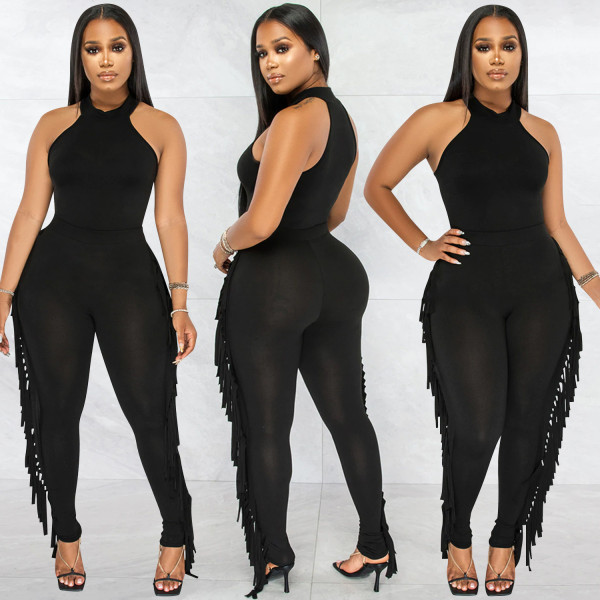 Fashion solid color casual tight-fitting fringed trousers two-piece set