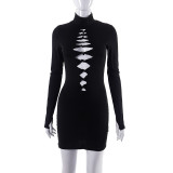 Solid casual hollowed-out burnt flower high neck long-sleeved short dress