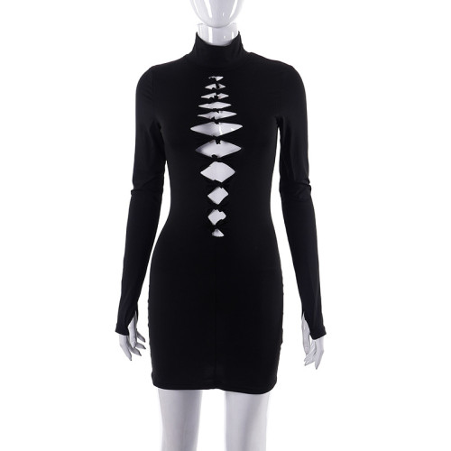 Solid casual hollowed-out burnt flower high neck long-sleeved short dress