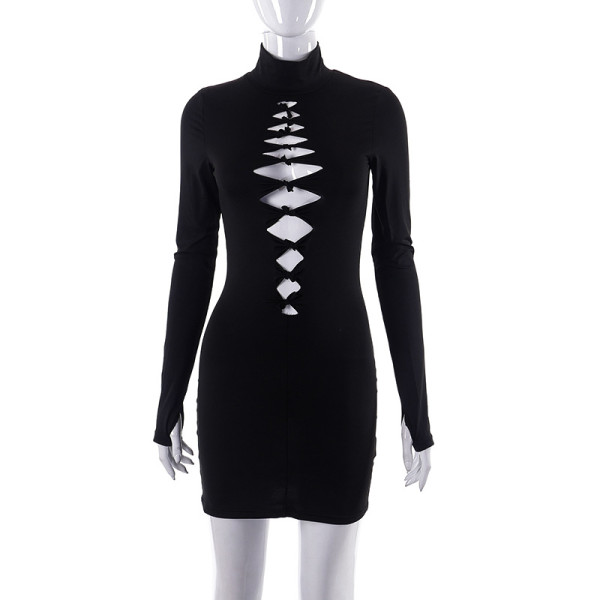 Solid casual hollowed-out burnt flower high neck long-sleeved short dress