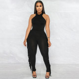 Fashion solid color casual tight-fitting fringed trousers two-piece set