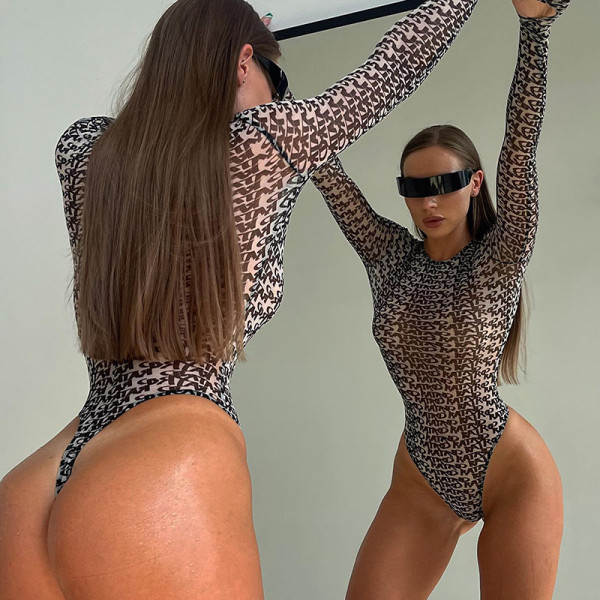 Printed fashion brand gauze hot girl one-piece sexy slightly transparent long-sleeved tight-fitting underwear for women