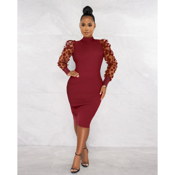 Three-dimensional petal mesh sleeve hole cloth one-piece collar dress