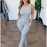Comfortable sleeveless zipper slim high waist micro flare jumpsuit