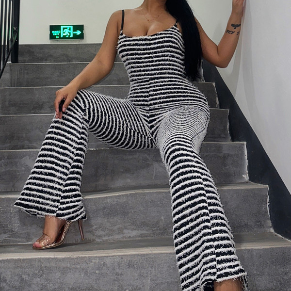 Sexy large open-back suspender with chest and buttock lifting stripes one-piece flared pants