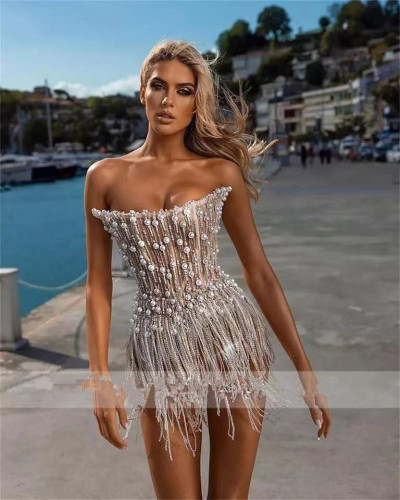 Breast wrapped prom skirt tassel pearl strip mini cocktail party sexy slim evening dress