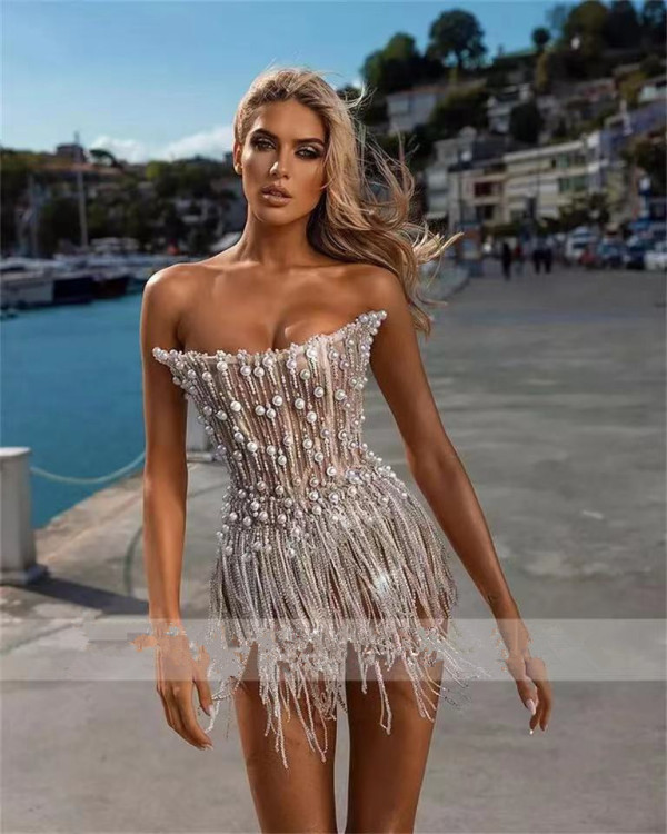 Breast wrapped prom skirt tassel pearl strip mini cocktail party sexy slim evening dress