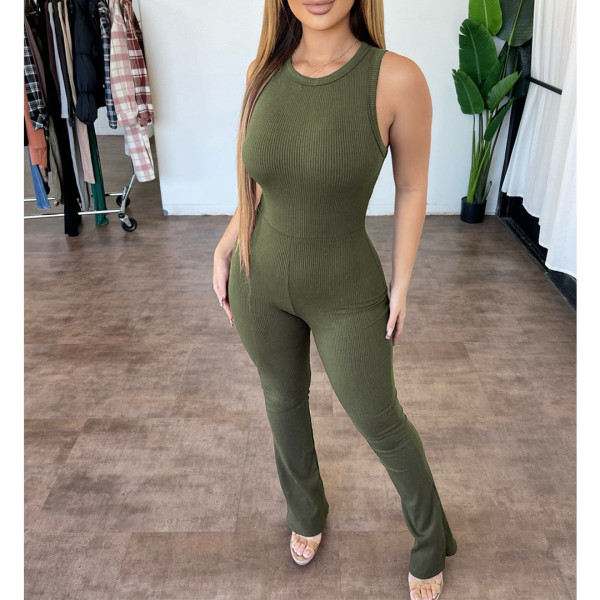 Comfortable sleeveless zipper slim high waist micro flare jumpsuit