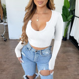 Fashionable and comfortable solid color pit stripe U-neck long-sleeved jacket