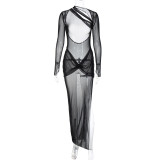 Long-sleeve sexy gauze perspective long skirt cut-out backless dress