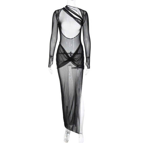 Long-sleeve sexy gauze perspective long skirt cut-out backless dress